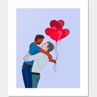 Male Couple Hugging While Holding Heart Shaped Balloons Posters and Art